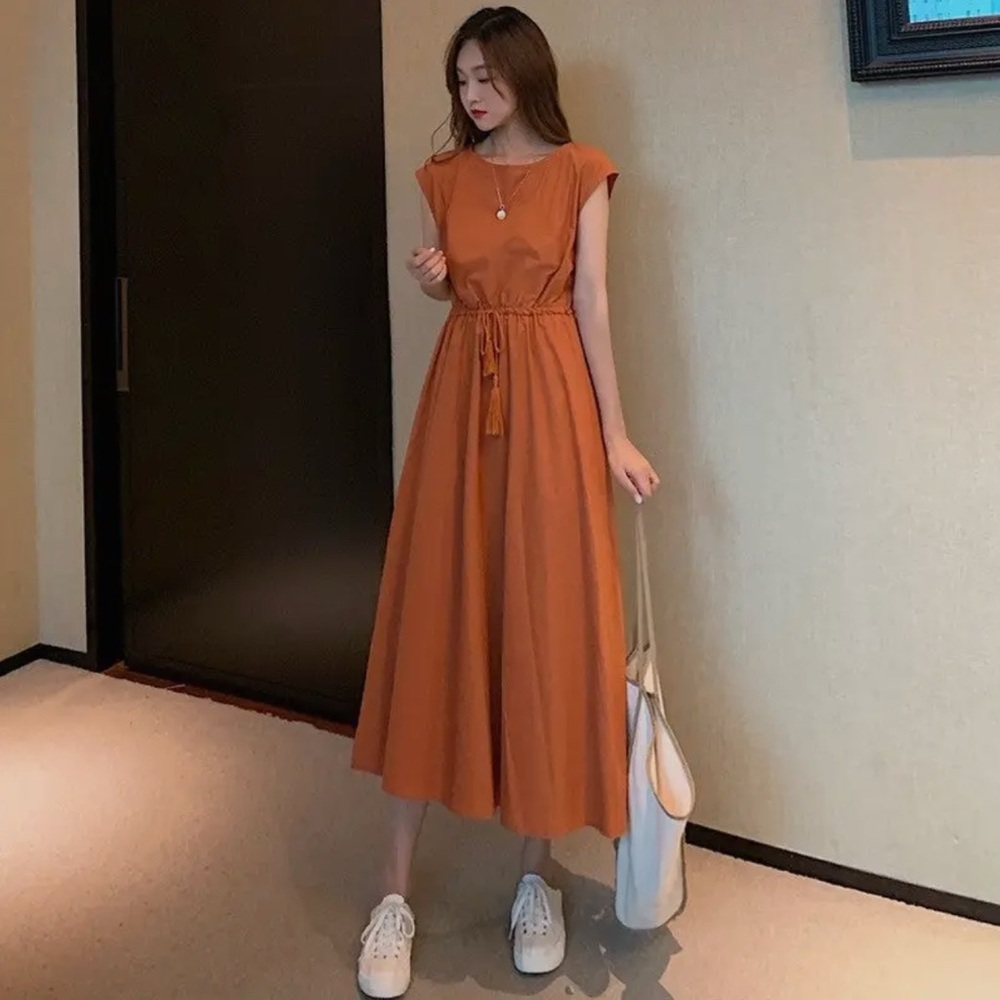 NWT Orange Cotton Round Neck drawstring waist shirt sleeve Midi Dress Large